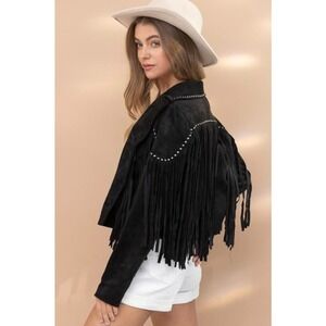 Blue B Suede Fringe Jacket Small New Studded Western Cropped Festival Biker